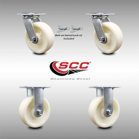 Service Caster 6 Inch Stainless Steel Nylon Caster Set with Ball Bearings 2 Swivel Lock 2 Rigid SCC-SS30S620-NYB-BSL-2-R-2